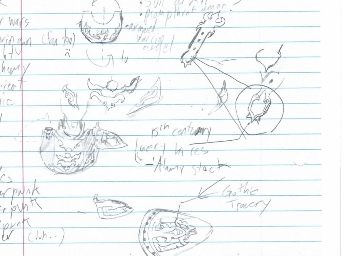 Pencil prototype sketches for Justin Cale II’s signature armor, showing Gothic-inspired bracers, shoulder plates, chest details, flame motifs, and handwritten design notes.